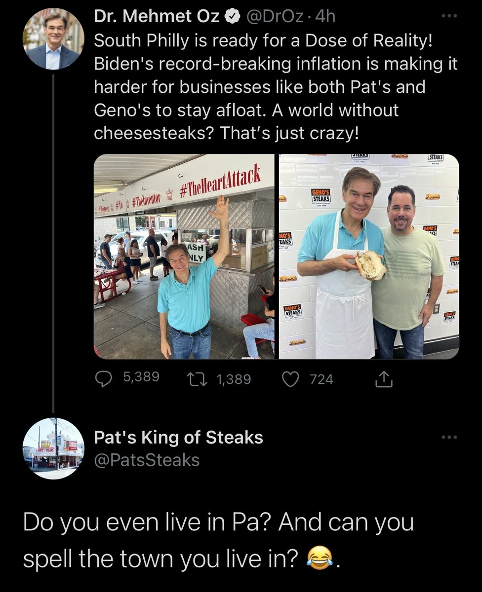 In Philly, Oz gets a taste of cheesesteak politics with a Twitter taste down from Pat's