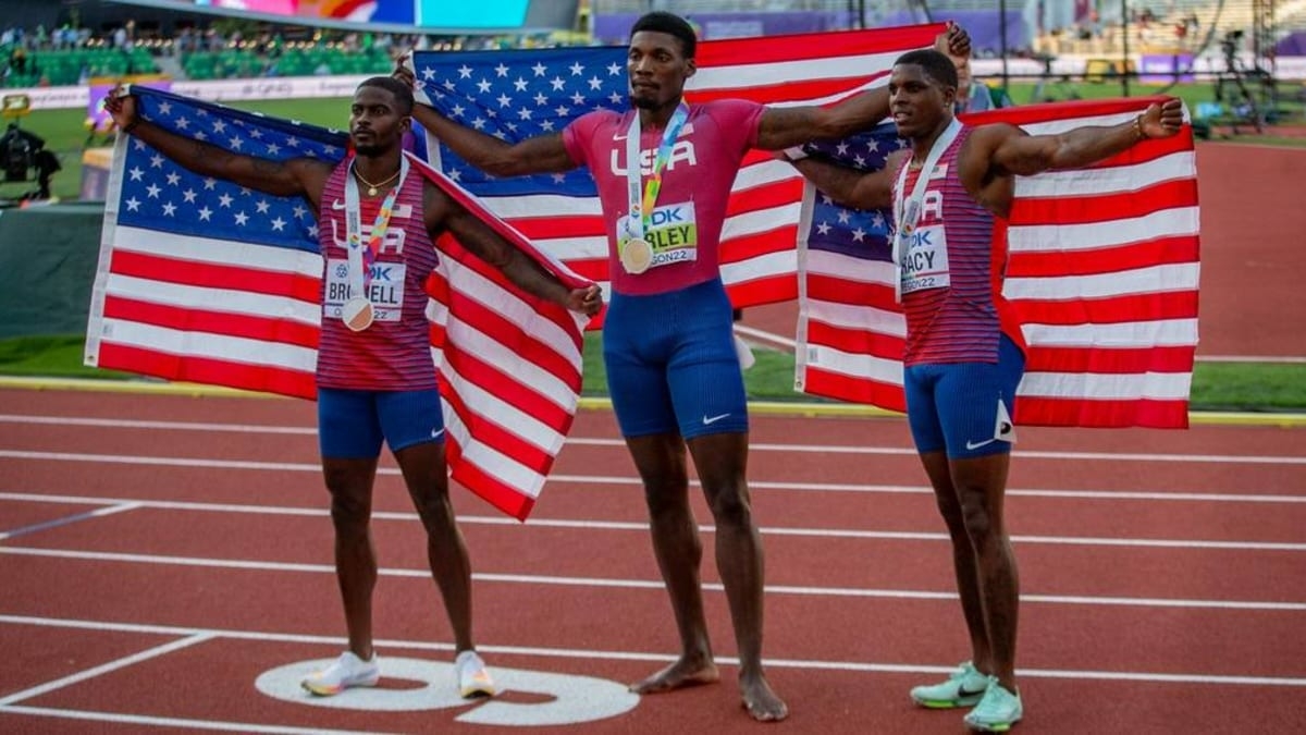 The U.S. sweeps the Men's 100 at the World Track and Field Championships