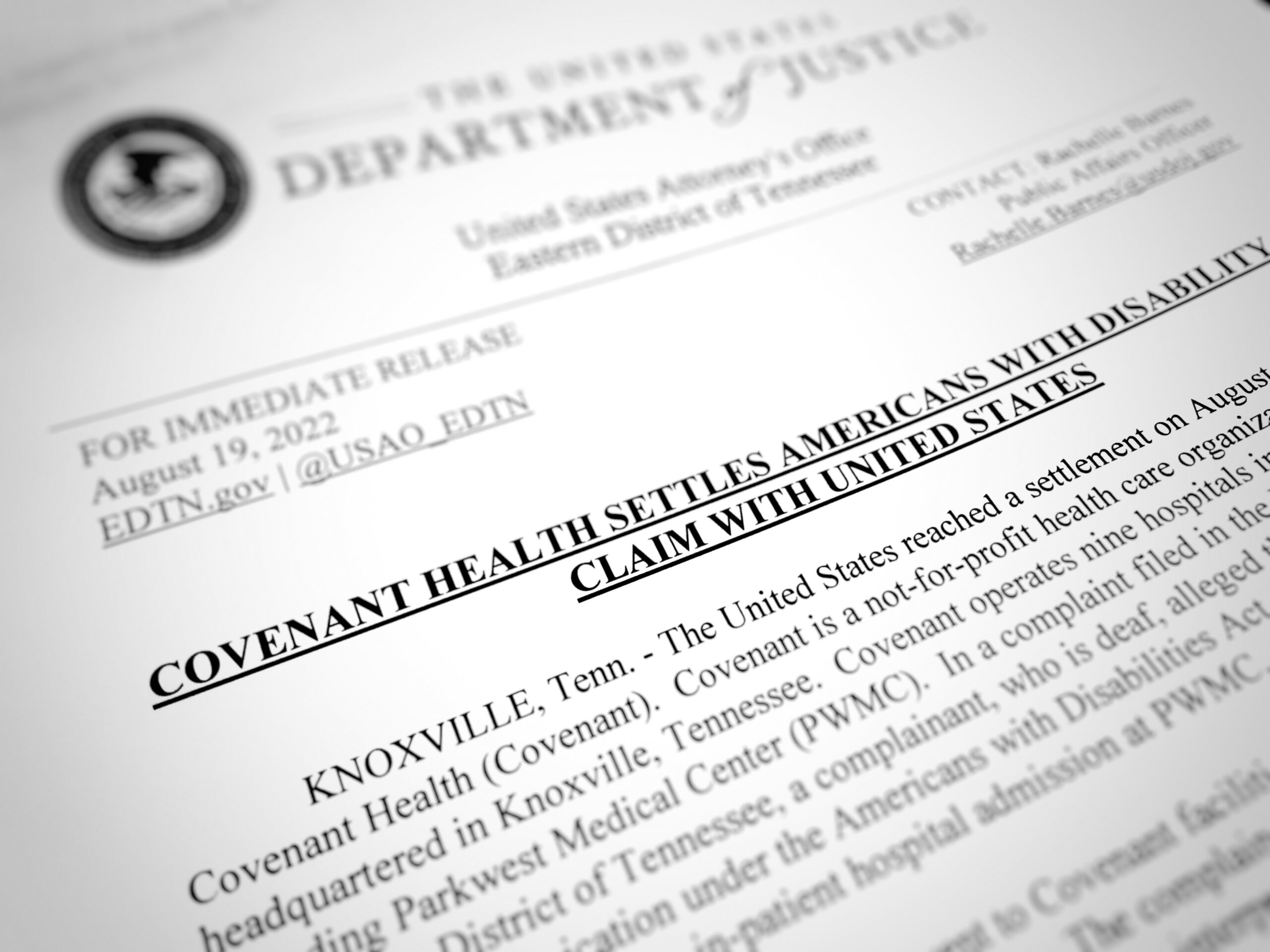 Covenant Health settles Americans with Disabilities Act claims with the United States