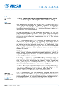 UNHCR welcomes the generous contribution of the United States of America to support and strengthen critical assistance in Iraq [EN/AR] - Iraq